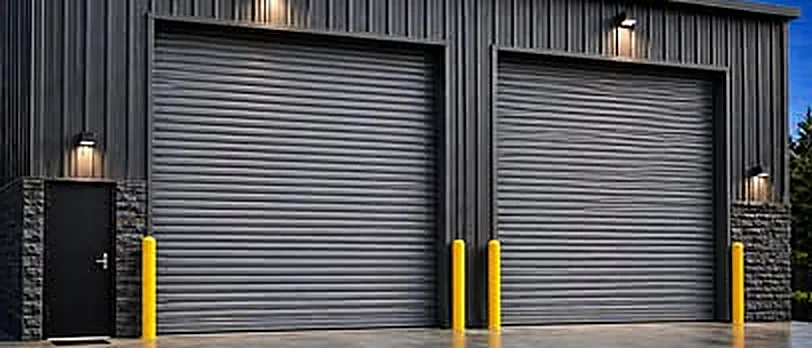 Dos rolling doors comerciales grises instaladas en una nave industrial de metal, con bolardos amarillos al frente