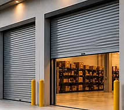 Dos rolling doors de aluminio en la fachada de un almacén; por la puerta abierta se ven estantes cargados de cajas